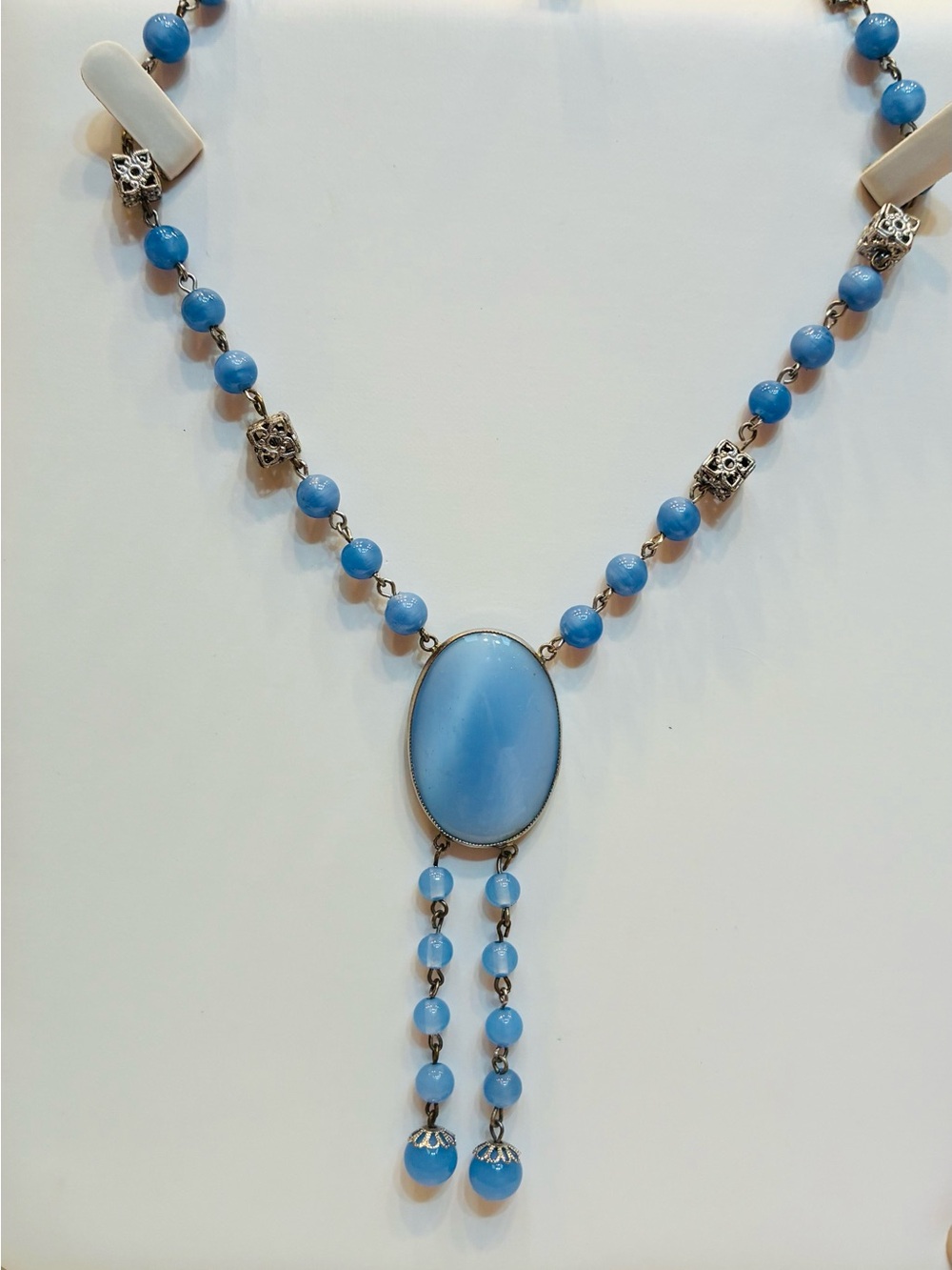 Vintage Czech Glass Blue Beaded Pendant Necklace - Women Jewelry